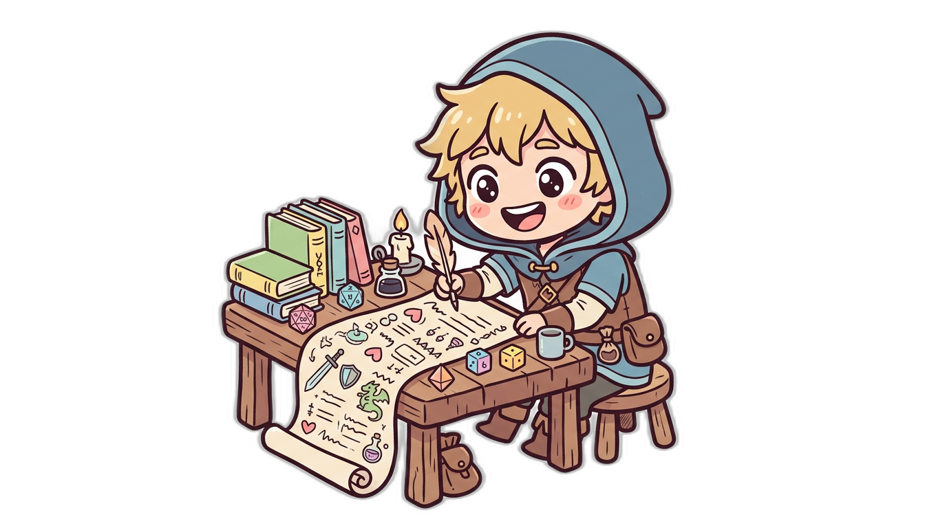 Chibi adventurer writing on a character sheet