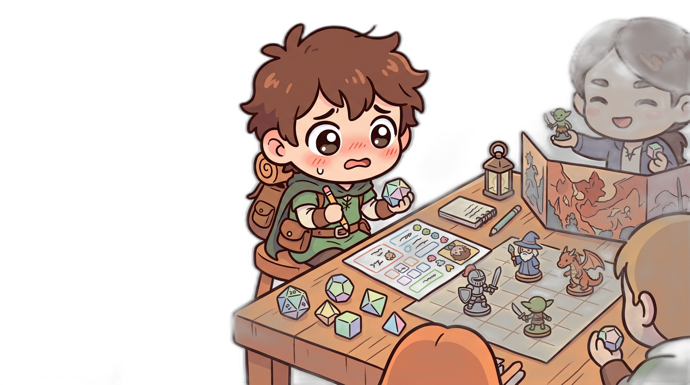Chibi new player nervously holding a d20 at the game table