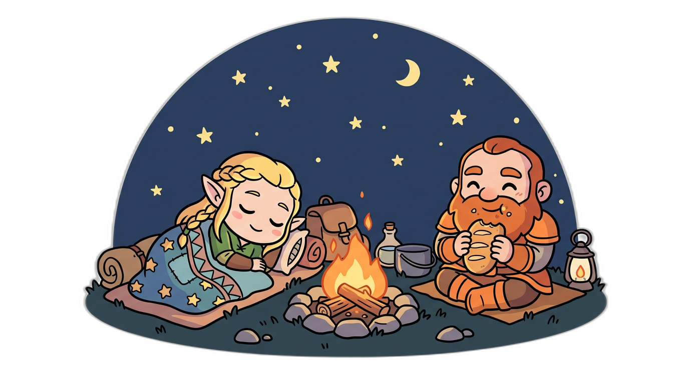 Chibi adventurers resting around a campfire